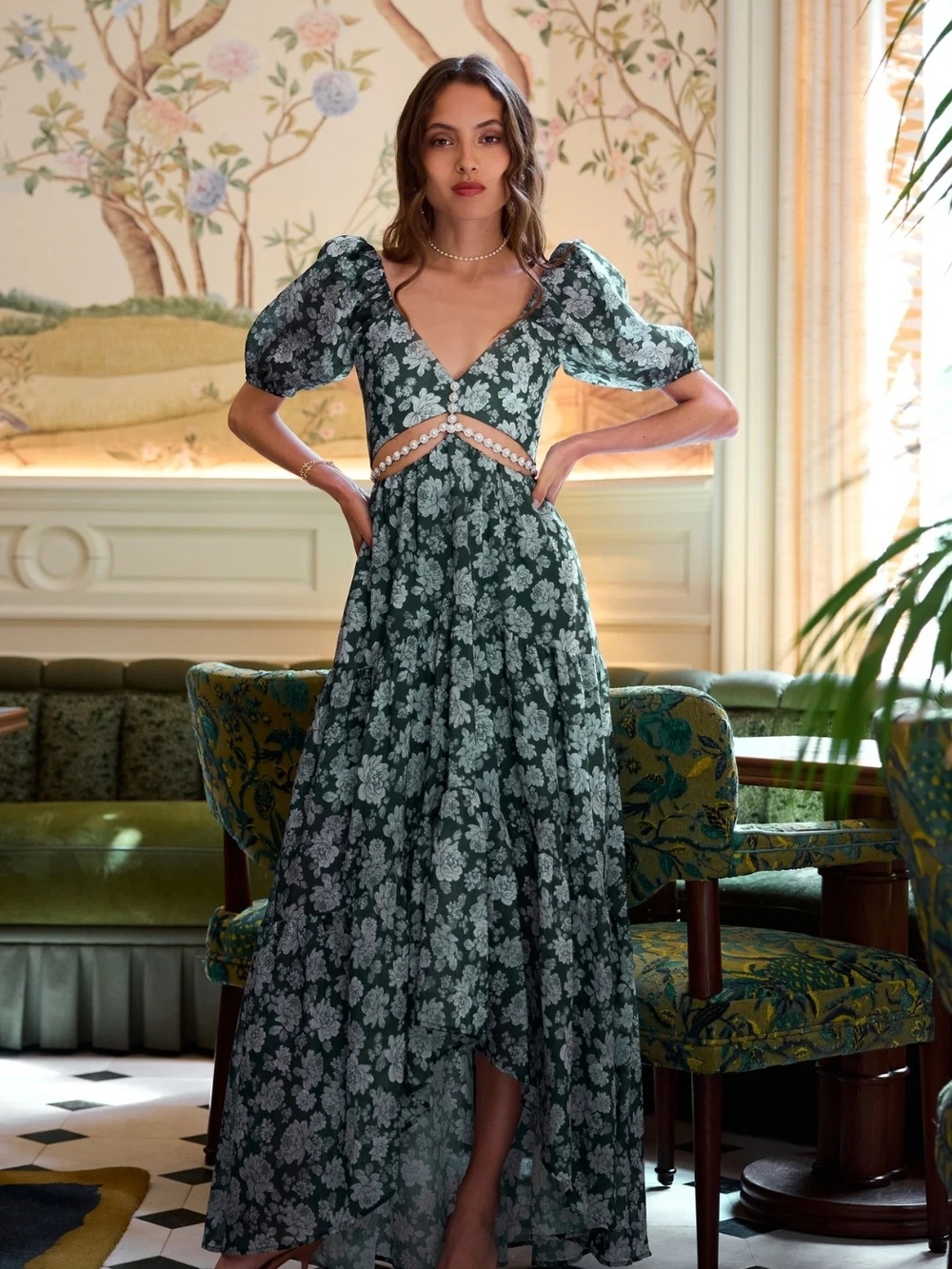 V. Chapman Green Floral Emma Cut-Out Maxi Dress Emerald Peony Print